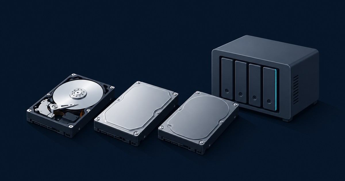 Three 3.5-inch hard drives, one opened to show its platter, sit beside a four-bay NAS enclosure on a dark navy background, suggesting Unraid storage picks.