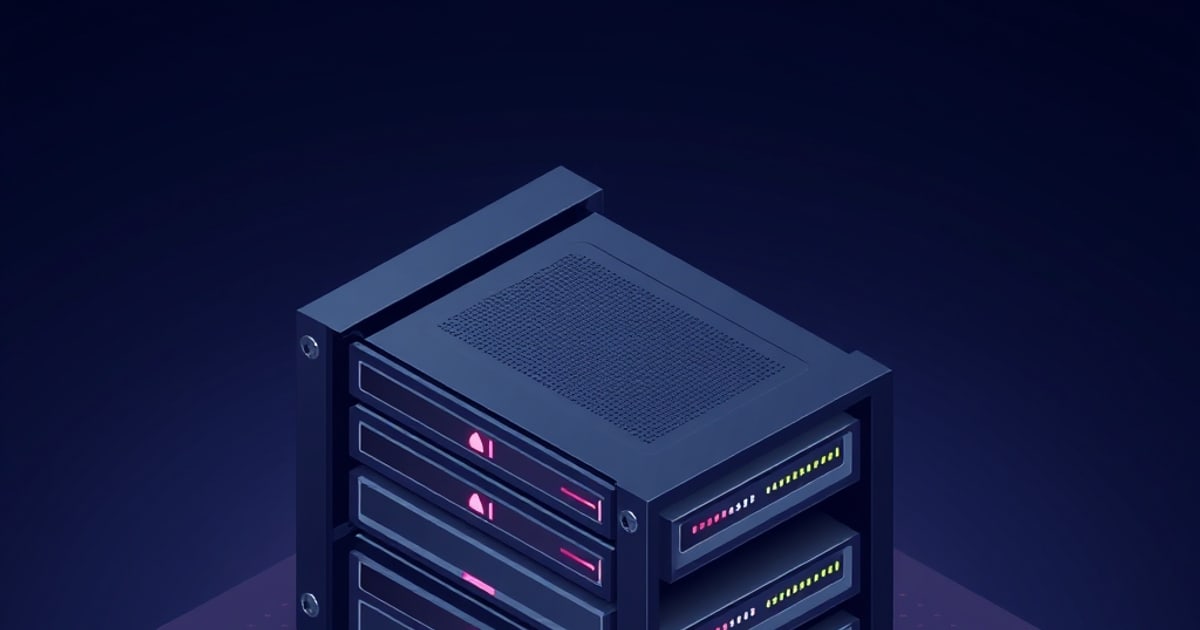 Isometric dark server chassis with stacked drive bays glowing pink and rows of green and red status LEDs, set against a deep navy background