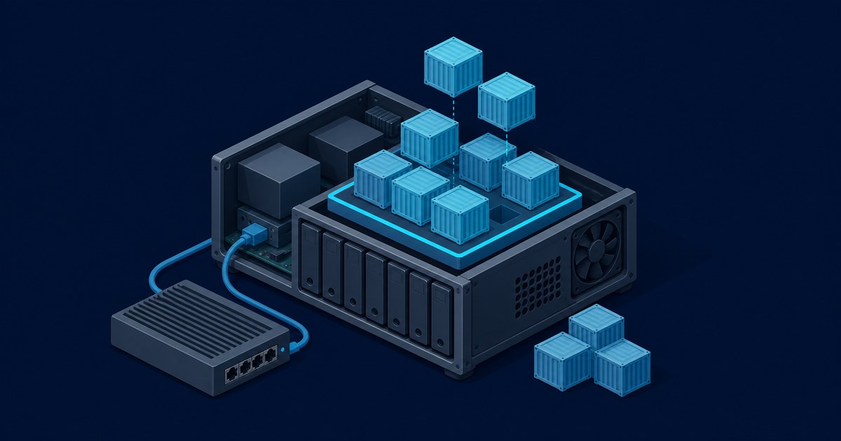 An isometric NAS server with drive bays and a cooling fan sits beside a network switch, glowing shipping-container icons stacked on a highlighted platform on top.