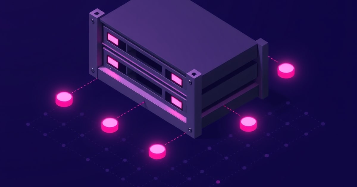 Isometric dark storage enclosure with two rows of drive bays lit by magenta indicators, linked by dashed lines to five glowing discs on a violet grid floor
