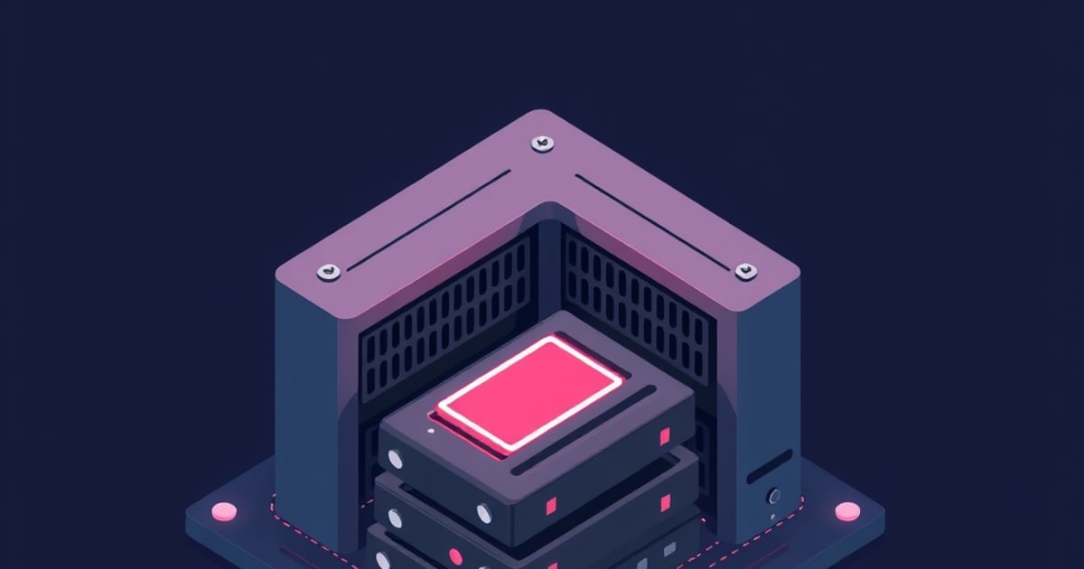Flat isometric illustration of an open dark server chassis with stacked drive trays, the top one lit by a glowing red-pink panel, on a dark navy field.