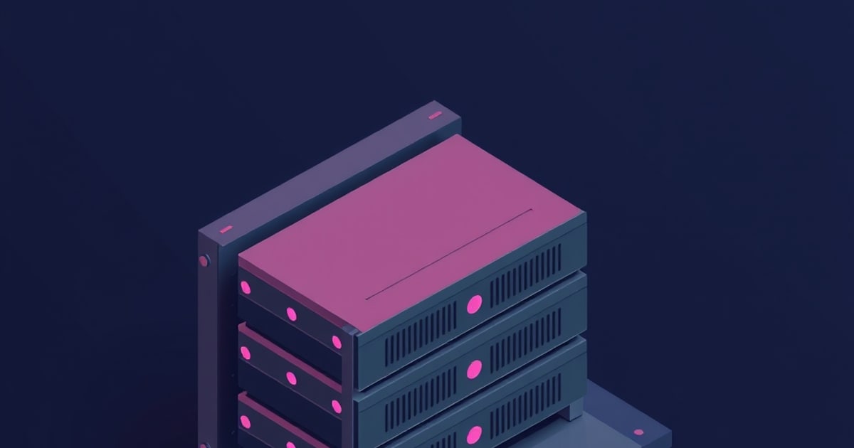 Flat isometric illustration of three dark rack server units with pink indicator dots beneath a mauve top panel, set off-centre on a dark navy field.