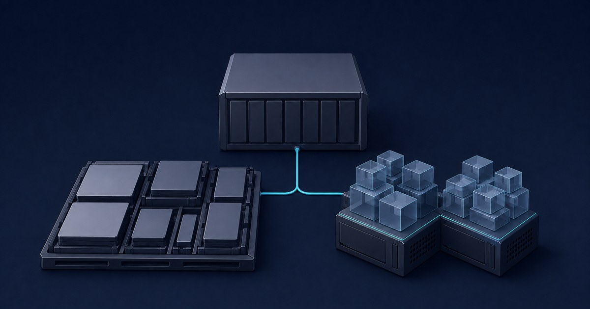 A dark 3D home server setup with a central NAS, drive array, and two cube-topped compute nodes linked by glowing blue cables.