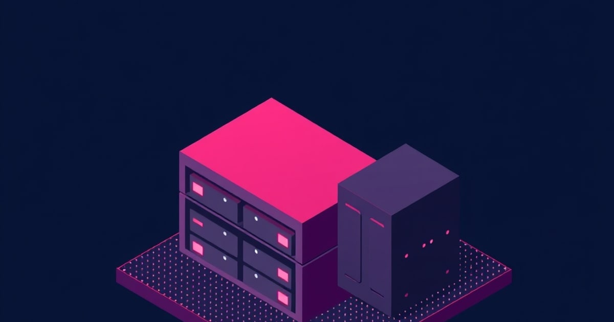 Flat isometric illustration of a magenta-topped six-bay NAS beside a dark tower case, both on a dotted purple platform against a deep navy background.